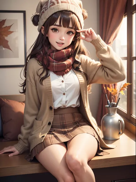 1girl in, Autumn leaves, Bangs, black headwear, Blurry background, blush, Brown eyes, Brown hair, （Accurate Hand Modeling）,brown scarf, Brown skirt, Cardigan, Cowboy Shot,Beanie, Holding,Long hair, Long sleeves, Looking at Viewer, open cardigan, Open mouth...