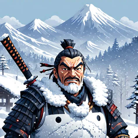 (Snowman:1.5),(Pixel art:1.5), (pixel theme:1.5), (fantasy:1.5), (Japanese game character:1.5), (Toshiro Mifune:1.5), (Japanese samurai:1.5), (General Winter:1.5),(snow:1.5), (snowy:1.5), (snow mountain:1.5),(white_out:1.5), (fantastic illustration:1.5),(d...