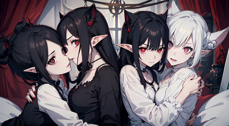 two vampire girls, looking at viewers, black long hair, White short hair, Dark colors, ghotic style, Creepy style, Mommy Vibe, Two elf, Crazy, hugging, Strong facial study, full body, anger, Cats pupils, grin, bedroom