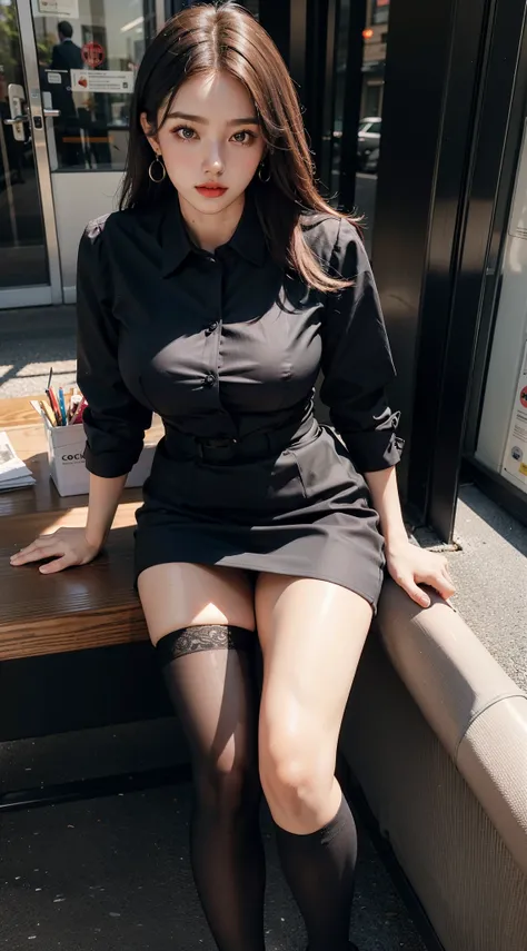 best qualtiy, Full body like，Refined face，pretty  face，25 years old woman，slimfigure，large bust，office lady uniform，Office wear，black lence stockings，Outdoor Scene，Sit Pose，huge tit，low chest，Wear earrings