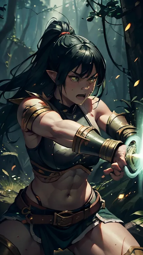 female Orc, beautiful face, black hair, full naked body, very muscular, abs, breasts, plate armor, golden belt, big tow handed sword, Soft lighting, Ultra-fine details, photo realistic, World of Warcraft,best quality,ultra-detailed,realistic,(female warrio...