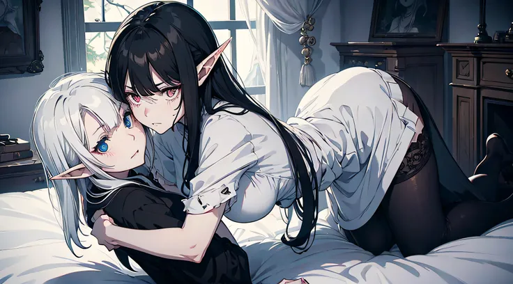 two elf girls, looking at viewers, black long hair, White short hair, Dark colors, ghotic style, Creepy style, Mommy Vibe, Two elf, Crazy, hugging, Strong facial study, full body, anger, bedroom