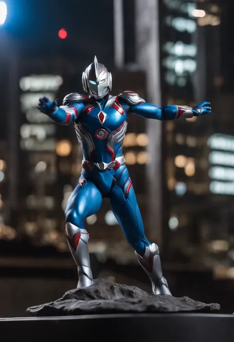 [ Amazing | astounding | delicated ] [Visually inspect the audience]Ultraman&#39;s character statue ， （Best quality， tmasterpiece）， 1人，combat scene， City smoke background， upper part of body， Contemporary，Blue Ultraman Tiga Color Color。[dot paper effect]，U...