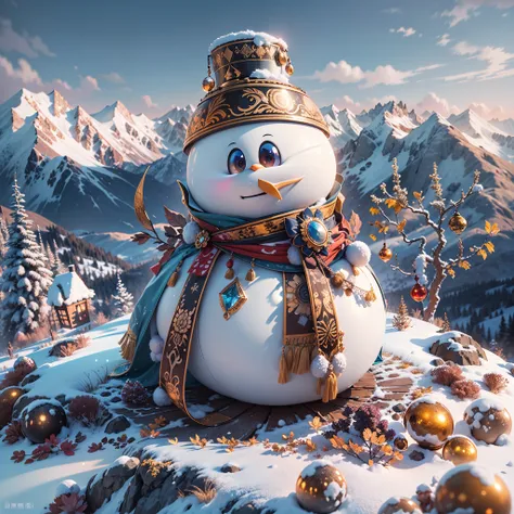 in a panoramic view，フォトリアリスティック，A huge sexy and beautiful snowman stands among the snowy mountains，Surrounded by beauties wearing down jackets, They are trying their best to build a snowman，Everyone wears gold jewelry，gold and gemstone setting，Snowman feat...