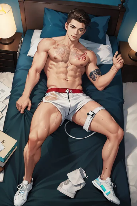 high resolution, ultra detailed, best quality, cinematic lighting, teen 20yo male, full body view, sport body, topless, veined body, bully, tattoo, lying in bed, addidas sneakers, wet body