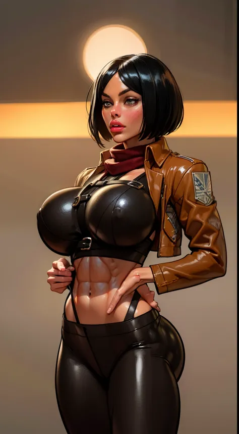 (Best quality, 8k, 32k, Masterpiece, UHD:1.2), 1girl,((mikasa ackerman)), attack on titan, lora, black hair, detailed face, long sleeved blouse with a wing collar, front buttons, faux leather harness, straps,metal buckles, short hair,octane render, brown j...