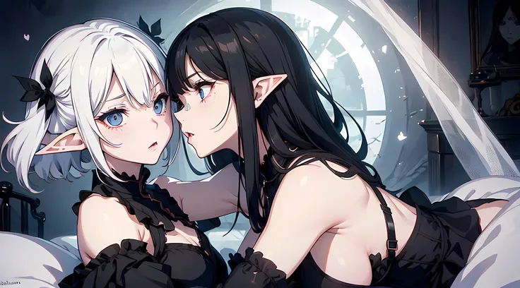 two elf girls, looking at viewers, black long hair, White short hair, Dark colors, kissing, ghotic style, Creepy style, Mommy Vibe, Two elf, Crazy, hugging, Strong facial study, full body, anger, bedroom