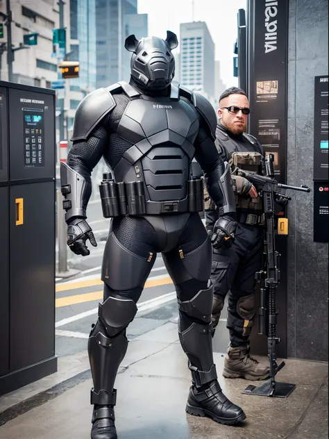 Humanoid, rhino, armored suit, ammunition belt, holding a machine gun, standing, smug, combat boots, bank backdrop, bank robber, mutant