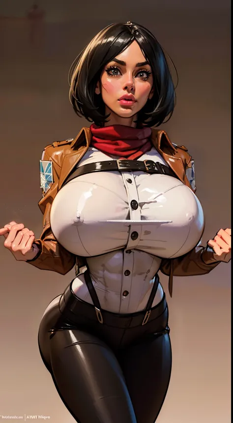 (Best quality, 8k, 32k, Masterpiece, UHD:1.2), 1girl,((mikasa ackerman)), attack on titan, lora, black hair, detailed face, long sleeved blouse with a wing collar, front buttons, faux leather harness, straps,metal buckles, short hair,octane render, brown j...