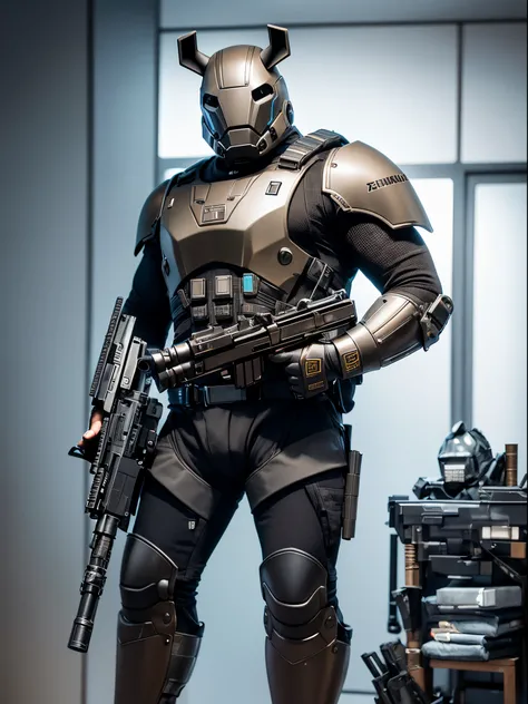 Solo, single, humanoid, rhino, armored suit, ammunition belt, holding a machine gun, holding a gun, standing, smug, combat boots, bank backdrop, bank robber, mutant