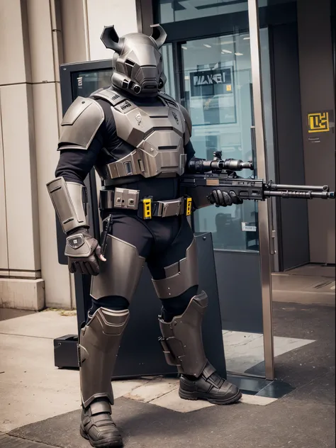 Solo, single, humanoid, rhino, armored suit, ammunition belt, holding a machine gun, holding a gun, standing, smug, combat boots, bank backdrop, bank robber, mutant