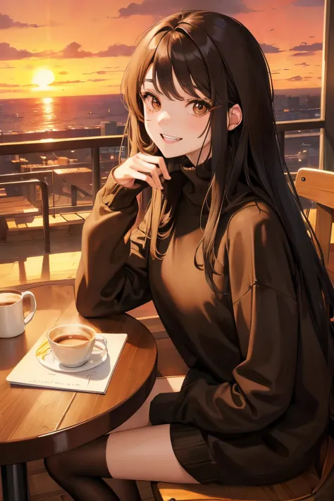 Cute black long straight hair brown eyes round face girl sitting in café drinking coffee in brown sweater, Sunset, Smile showing teeth without bangs,