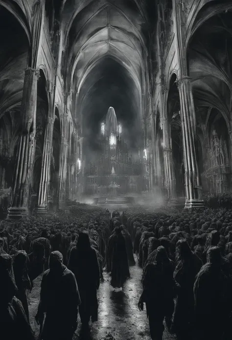 horror scene from a movie, giant tall scary ghost figures semi transparent apparitions floating and flying, smoke on the floor,  in the giant church , busy crowd running away