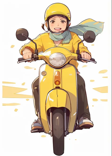 Cartoon illustration of woman riding yellow motorcycle, Mopeds, from yowamushi pedal, without helmet, riding on the moped scooter, Deng Sachin, High quality anime art style, riding motorcycles, Similar to Deng Sachin style, riding motorcycles, Anime style ...