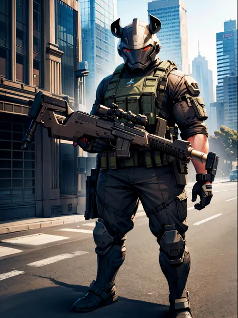 Solo, single, humanoid, rhino, rhinos head, armored suit, ammunition belt, holding a machine gun, holding a gun, standing, smug, combat boots, bank backdrop, bank robber, mutant