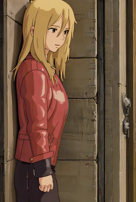 ghibli style rosetyler 1girl blonde hair leather jacket