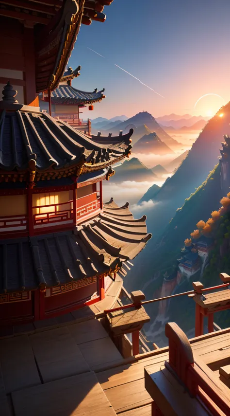 ((Top view, High angle view, Focus composition)), sunset gradient, moonlit night, halo, beautiful light, beautiful shadow, lighting effects, autumn, ancient Chinese architecture, many traditional Chinese buildings on floating islands, where there are many ...