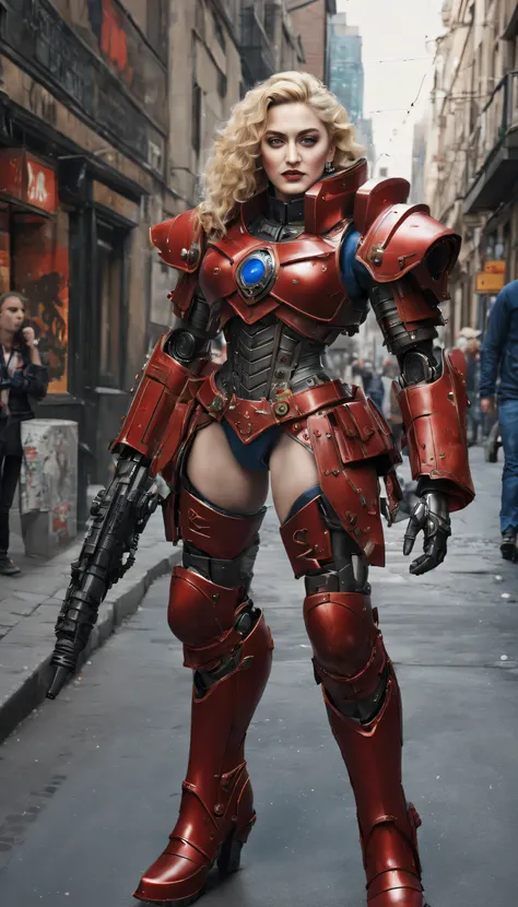 25-year-old singer Madonna plays highly realistic Marine Astartes, in the colors of your giant power mecha： red colour, ultra-realistic realism, Best quality at best, (warhammer40k)，ssmile,Realistic metal armor,Shiny metal armor,which stands on the street....