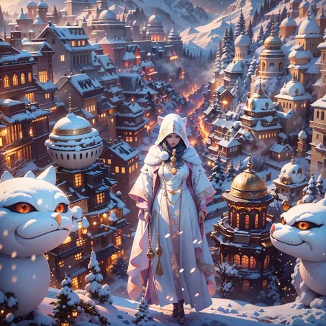 in a panoramic view，フォトリアリスティック，A huge sexy and beautiful snowman stands among the snowy mountains，Surrounded by masked beauties wearing Arabian style down jackets, They are trying their best to build a snowman，Everyone wears gold jewelry，gold and gemstone...