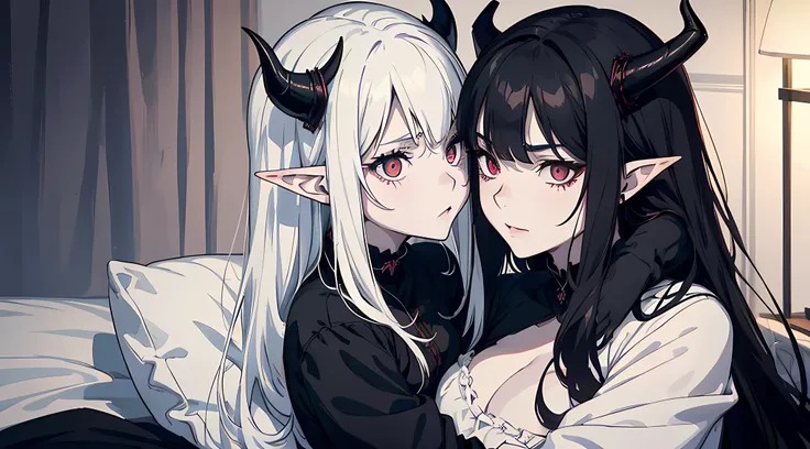 two demon girls with horns, looking at viewers, black long hair, White short hair, Dark colors, kissing, ghotic style, Creepy style, Mommy Vibe, Two elf, Crazy, hugging, Strong facial study, full body, anger, bedroom