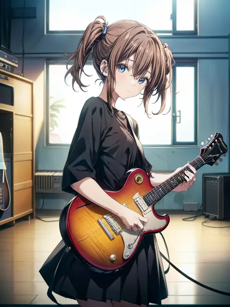 ((masutepiece, best quality))1girll, solo, black dress, blue eyes, electric guitar, guitar, ear phone, double ponytails, holding...