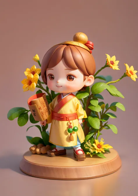 A blind box toy，A cute antique little boy，Cute face，ssmile，read a book，Brown hair，ancient hair bundle，wearing a hanfu，holding a book in his hands，Ginseng in the background、Ginger and other herbs