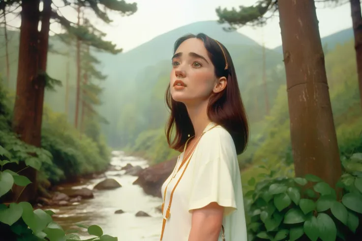 1995, Berkshire, Massachusetts. Pre-raphaelite ((((40-year-old)) Jennifer Connelly)), exploring the forest, following a river, ((happy)), ((((casual Clothing from the 1990s)))) ((Hairstyle of the 1990s)), ((Wes Anderson cinematic style)), colorful