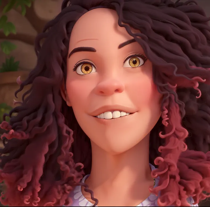 Criar estilo pixar cartoon um close de uma mulher com cabelo rosa e preto, com cabelos ruivos cacheados. vibrante, imagem de perfil, Mulher de 30 anos, 3 0 anos de idade mulher negra, com afro, foto do perfil, Incrivelmente bonito,