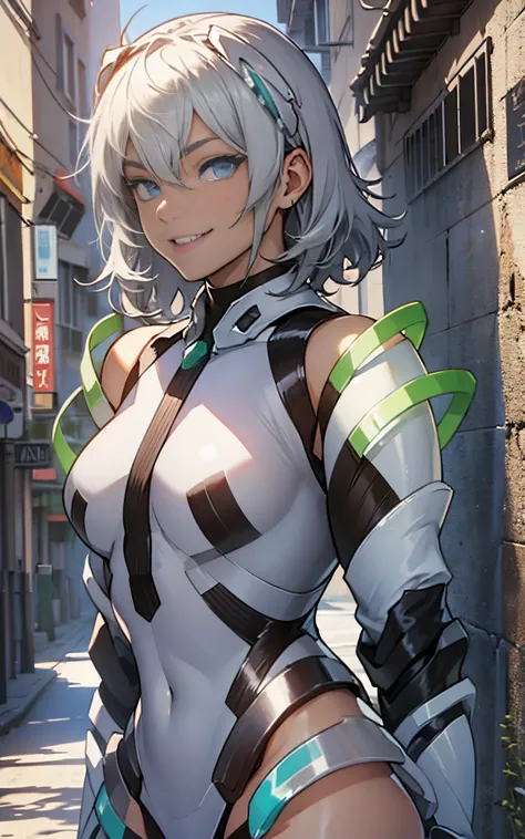 lightsmile, deva battle suit, outdoors, silver hair, bobhair, blue eyes, waist shot