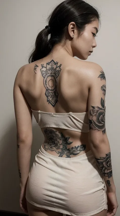 Japanese 20 Years Old GIRL , Baby Face , Cute , Sleeveless , Slip Dress , Yakuza Tattooed , Back Tattooed , All Body Tattooed