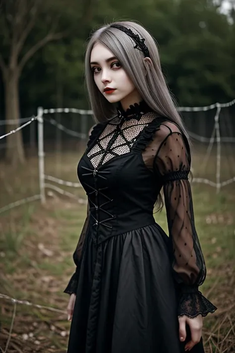 woman with gothic net symbolic clothes, 。.com (Barbed wire of the body) brunette color hair，Gray hair ends