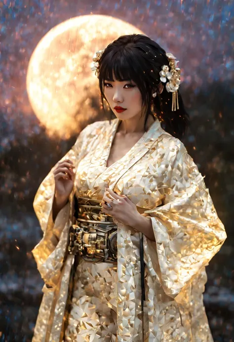 (Cyberpunk style), A Japanese Lady,Kimono that shines in gold, __quiron/generic__, Neon light, rampage, cybernetic enhancements, Futuristic, scifi, Science fiction, epicd, AI, A huge moon in the sky, Metal, wires, tech, Futuristic, Highly detailed