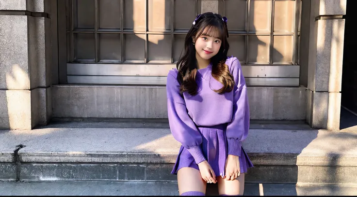 Beautiful 18 year old high school girl in a purple miniskirt