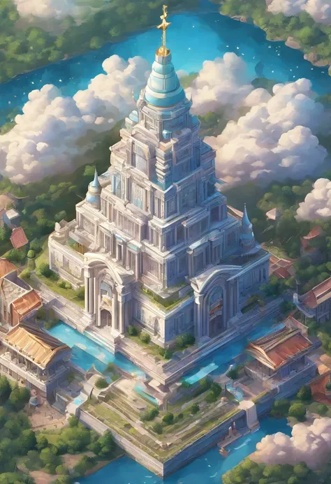 (Best Quality, Masterpieces, Detailed, nowi), A majestic kingdom floating in the sky, With sparkling effects and eternal realms. Reflective surfaces that reach the clouds and towering architecture. Astonishingly detailed details. A cosmic ode to Zeus.