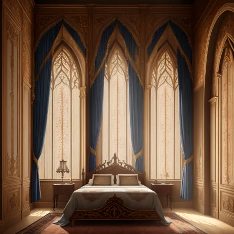 Luxury gothic Victorian bedroom interior with wall detailing, ornate fabrics, (Masterpiece:1.1) (painting:1.1) (Weighted lines) (Best Quality) (Detailed) (Intricate) (8K) (HDR) (wallpapers) (Cinematic lighting) (sharp-focus)