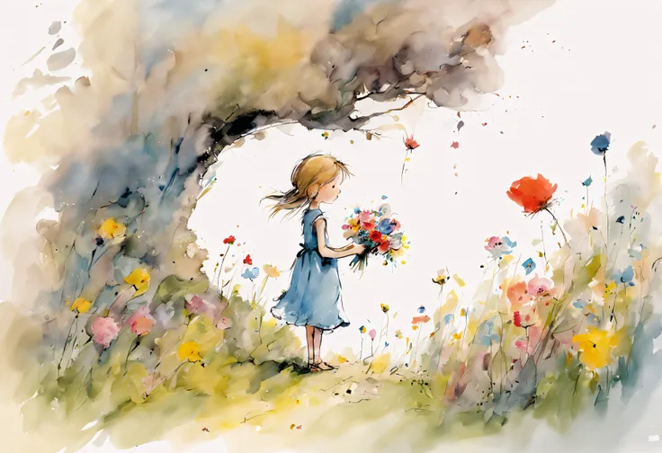 quentin blake style photo 、girl picking flowers、fairytale worldview、hight resolution、beautiful fece、top-quality、​masterpiece、igh...