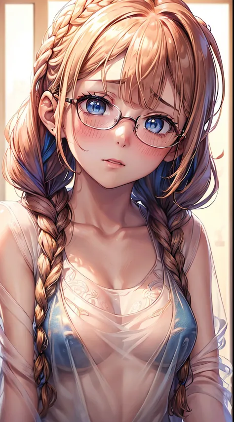 1womanl,Golden head hair, ,((Impatient expression)),Beautiful breasts,thin white tanktop,well-styled,,(Facing the front)(((Blushing cheeks、Surprised look)),(((Braids))),((( Upper body portrait)))Frameless glasses,Blue eyes,(((Bangs are aligned)))((see -thr...