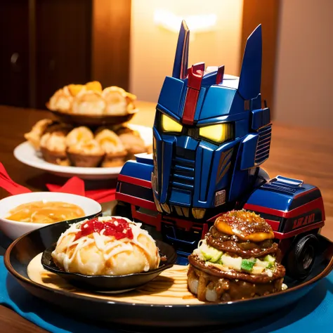 Transformers Optimus Prime eating takoyaki, cake, and ramen