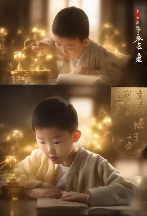 1 boy,Young scholars of ancient China，holding a golden paintbrush，Writing is in full swing，(Transparent luminous Chinese characters suspended in mid-air:2)，（Plain text background：2），Vertical text，Sparkling，scholar in blue robe，Long flowing hair flutters in...