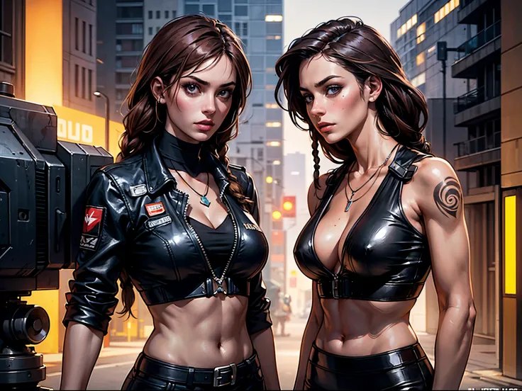 (​masterpiece), (top-quality), sunset, natural lights, ,(realistic:1.5), 1girl, long brown hair, (dreadlocks:1.2), slim, looking at viewer, eye contact, stunningly beautiful 20 years old mexican girl, cyberpunk, sci-fi mercenary, detailed cyberpunk city in...