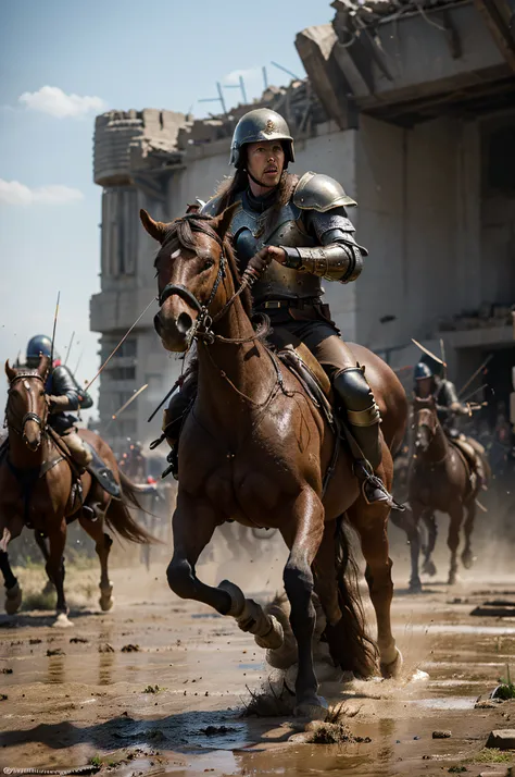 In the midst of a sprawling, ancient battlefield, the thundering hooves of armored horses reverberate through the air. The sky is overcast, echoing the tension below as two mighty armies face each other, their banners billowing in the brisk wind. The groun...