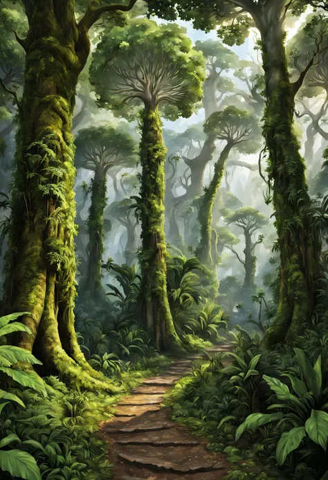 pristine jungle, two big trees on the left and right, the foliage is dense, there is a path in the middle, european and american...