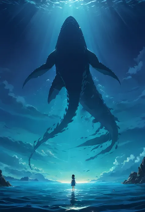 (Best Quality,4K,8K,hight resolution,masutepiece:1.2),Ultra-detailed,(Realistic,Photorealistic,Photorealsitic:1.37),upper view,Looking down,giant sea creature silhouette,Dark,Scary,seaview,under the water,monster figures,scary existence,secluded sea,ominou...