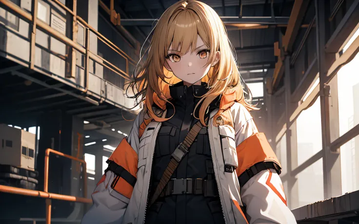 1 girl in, white one-piece military uniform, dark orange eyes, blonde hair,