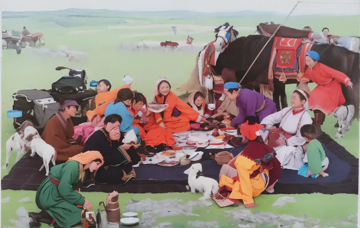 A group of people sitting on a blanket in a field and talking happily，Mongolian，Mongolian costume，Pubic area is clear，photore