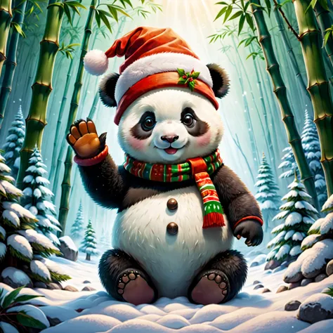 (White bamboo forest snow scene draft:1.4), (Symmetrical:1.3),(tmasterpiece, A naive and cute Chinese giant panda kneels on the snow and builds a snowman with his hands: 1.5, middle, European Christmas elements)，(Snowman wearing Christmas hat: 1.5),（China ...