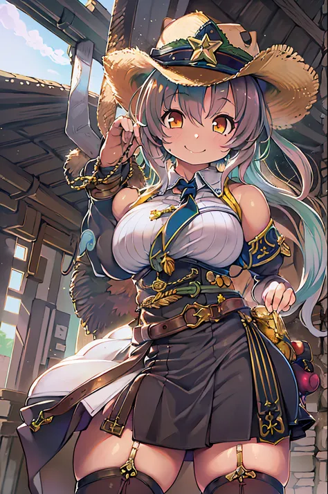 (masutepiece, Best Quality:1.2), Cowboy Shot, Solo, 1girl in, alicia melchiott, Smile, Looking at Viewer, arms folded, Twin-tailed, Head dress, Military uniform, neck tie, thighs thighs thighs thighs,huge-breasted、