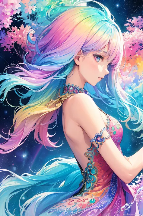 (masterpiece, top quality, best quality,watercolor (medium),official art, beautiful and aesthetic:1.2),(1girl:1.3), (fractal art:1.3),upper body, from side, looking at viewer,patterns,(rainbow color Hair,colorful hair,half blue and half pink hair:1.2),wate...