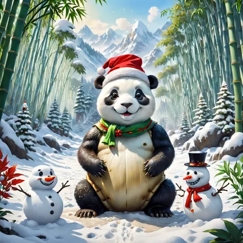 (White bamboo forest snow scene draft:1.4), (Symmetrical:1.3),(anthropomorphic turtle: 1.2, A naive and cute Chinese giant panda kneels on the snow and builds a snowman with his hands: 1.5, middle, European Christmas elements)，(Snowman wearing Christmas ha...