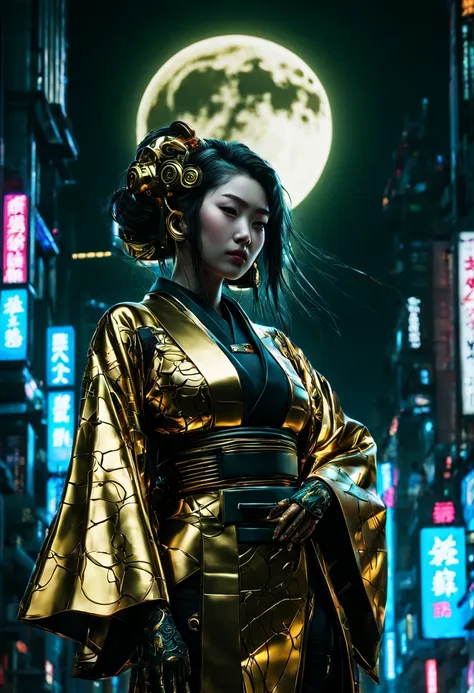 (cyberpunk style), a japanese lady,kimono that shines in gold, __quiron/generic__, neon light, rampage, cybernetic enhancements,...